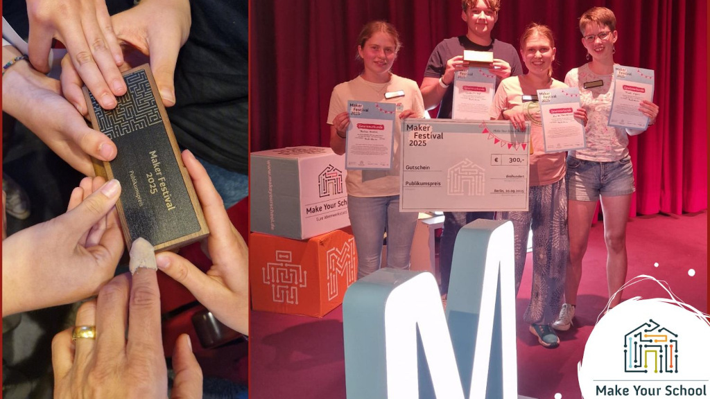 Geteiltes Bild mit Publikumspreis in Nahaufnahme und Gruppenbild Preisträger