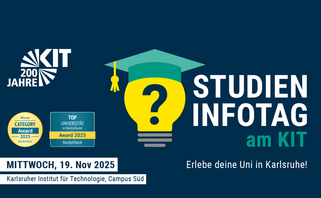 KIT Werbegrafik in Schwarz, Gelb, Grün zum Studieninformationstag am KIT2025